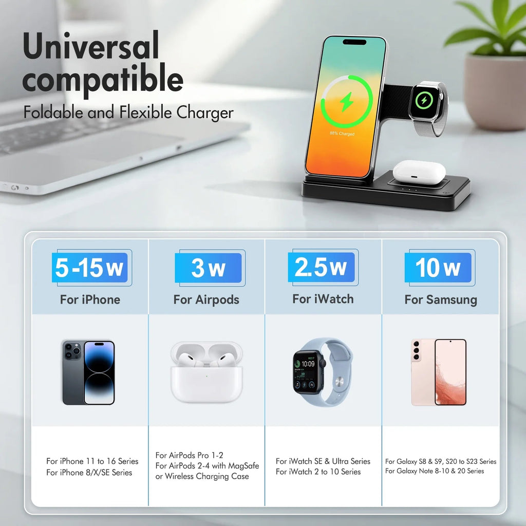 Ultimate Wireless Charging Station - Magnetic Charger for iPhone 17-11, Apple Watch Series 9-3, and AirPods Pro/2/3 - Sleek Black Design, No Adapter Needed!