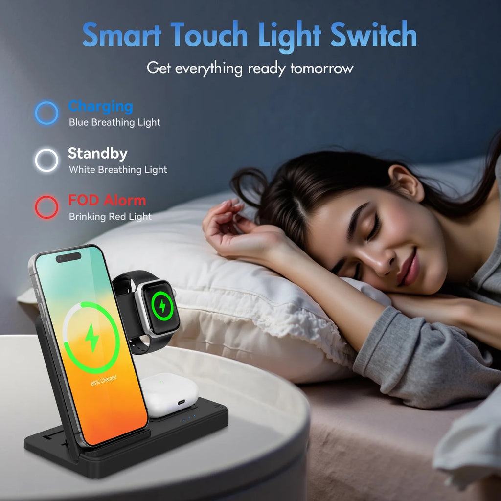 Ultimate Wireless Charging Station - Magnetic Charger for iPhone 17-11, Apple Watch Series 9-3, and AirPods Pro/2/3 - Sleek Black Design, No Adapter Needed!