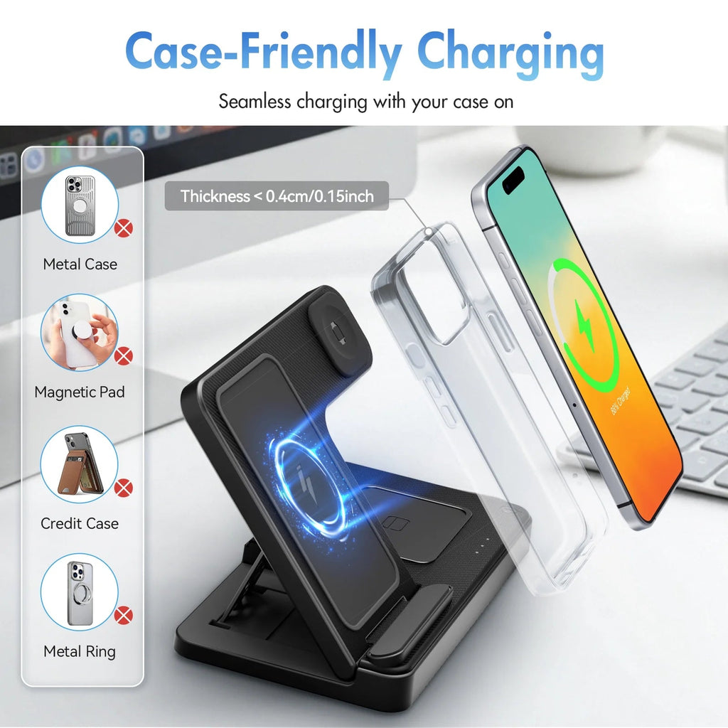 Ultimate Wireless Charging Station - Magnetic Charger for iPhone 17-11, Apple Watch Series 9-3, and AirPods Pro/2/3 - Sleek Black Design, No Adapter Needed!